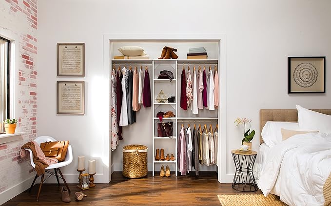 ClosetMaid SuiteSymphony Wood Closet Organizer Starter Kit with Tower and 3 Hang Rods, Shelves, Adjustable, Fits Spaces 4 – 9 ft. Wide, Pure White