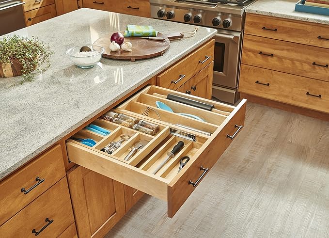 Rev-A-Shelf Two-Tier Kitchen Utensil Drawer Organizer & Pullout Cutlery Tray, Soft-Close Slides, 27" Cabinet Opening, Wood, 4WTCD-30HSC-1