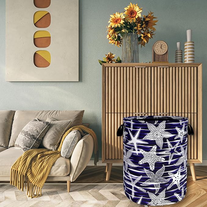 Blue Starfish Printed Laundry Basket Sea Beach Theme Funny Laundry Hamper Foldable Oxford Cloth Ocean Tote Bag Clothe Toy Storage Bucket 18.9"x16.5" For Bathroom/Laundry Storage/Bedroom