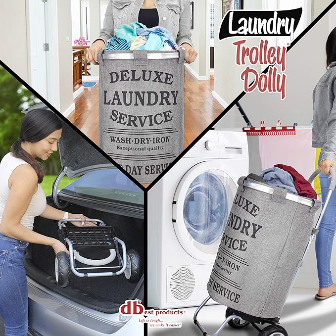 dbest products Laundry Trolley Dolly, Grey Laundry Bag Hamper Basket cart with wheels sorter