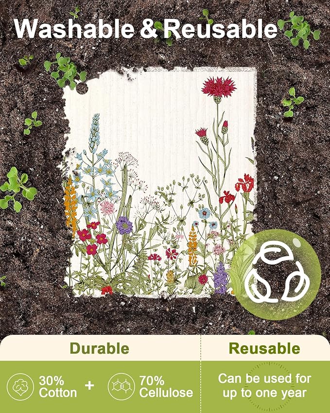 8 Pack Reusable Kitchen Swedish Dishcloths for Washing Dishes - Absorbent Fast Drying Cleaning Sponge with Cute Flower Design - Washable Decor Cloths