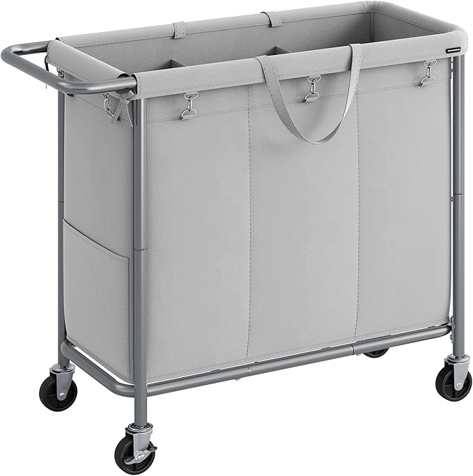 SONGMICS Laundry Basket with Wheels, 3-Section Rolling Laundry Hamper, 52.8 Gallons (200 L), Removable Liner, Steel Frame with Handle, 35.8 x 15.4 x 31.9 Inches, Dove Gray URLS005G01
