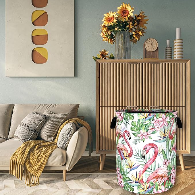 Pink Flamingo Laundry Basket Tropical Leaves Pink Floral Hamper Foldable Oxford Cloth Birds Colorful Tote Bag Clothes Toy Storage Bucket For Bathroom/Laundry Storage/Bedroom 18.9 x 16.5 Inch