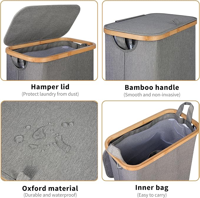 65L Slim Laundry Hamper, Narrow Laundry Basket with Lid,Foldable Clothes Hamper with Bamboo Handles,Hamper Basket with Removable Inner Bag for Laundry Room Bedroom College Dorm,17.17 Gals Grey