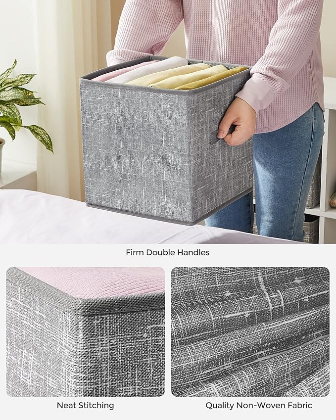 SONGMICS Storage Cubes, 11-Inch Non-Woven Fabric Bins with Double Handles, Set of 6, Closet Organizers for Shelves, Foldable, for Clothes, Cattail Gray UROB26LG