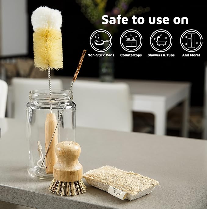 Bamboo Dish Brush Set – Eco Kitchen Cleaning Kit | Bottle Brush, Straw Brush, Scrubber & Sponge | Plastic-Free, Space-Saving, Sustainable