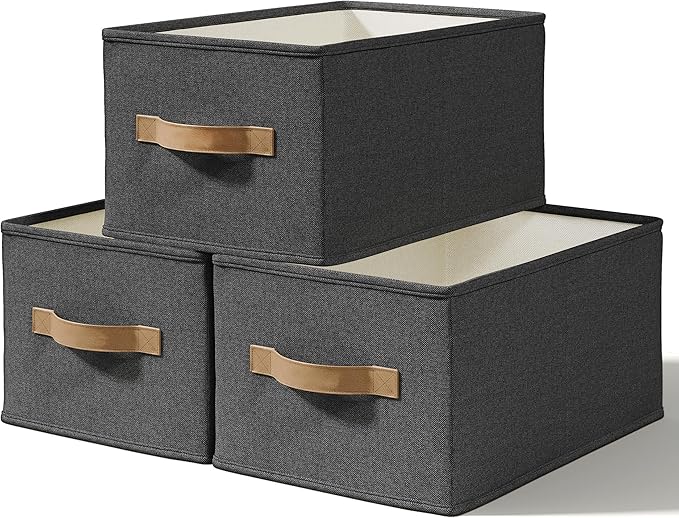3 Pack Fabric Storage Bins for Shelves | 16.25x12x10in Closet | Collapsible Bins for Organization | Linen Clothes Storage Bins | Black