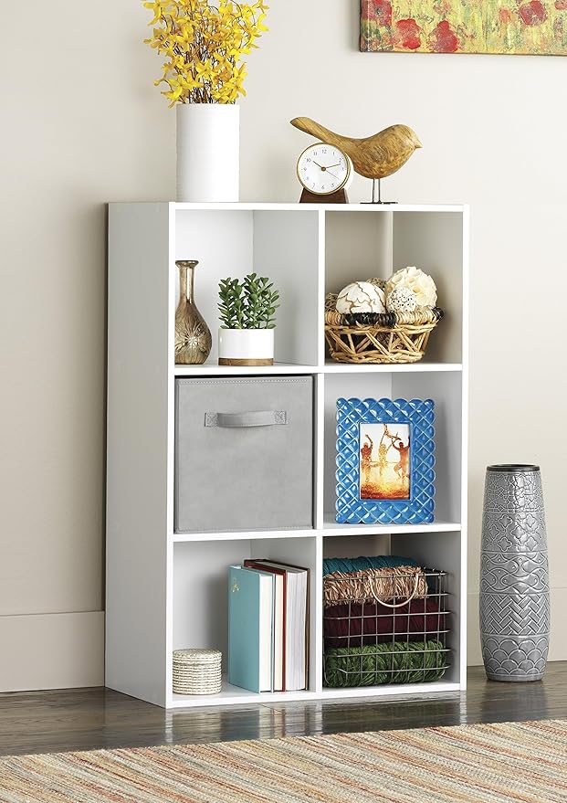 Whitmor 6 Cube Storage Organizer, 3 Tier Stackable MDF Wood Bookcase, Open Storage Display Bookshelf, Storage Cabinet for Living Room, Bedroom, Home, Office, 23.7" L x 11.7" W x 35.2" H, White