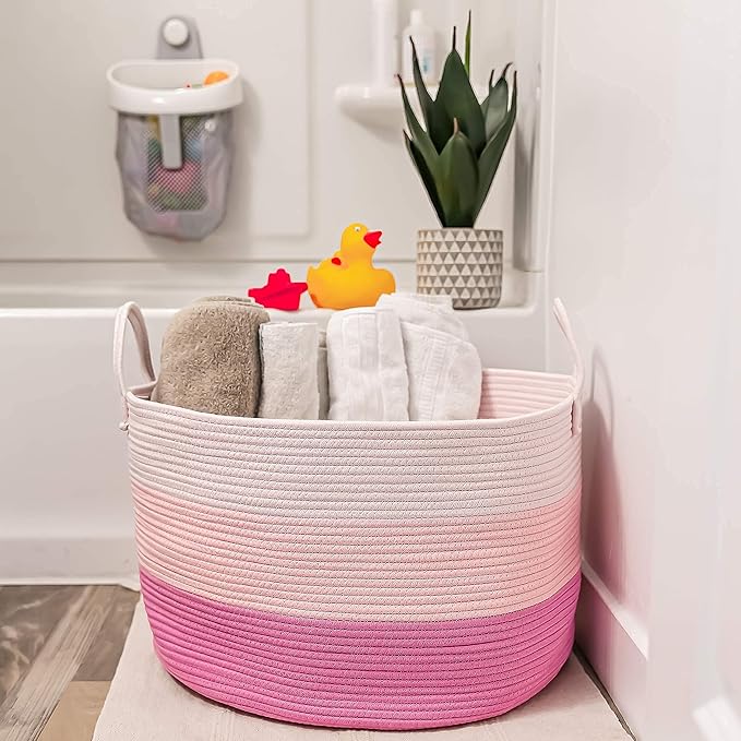 OrganiHaus Large Woven Storage Basket for Blankets and Toys 20" x 13" Inch, Rope Laundry Basket with Handles, Cushions & Pillows Storage Bin, Nursery Hamper, Soft Round Dog Toy Bin - Pink