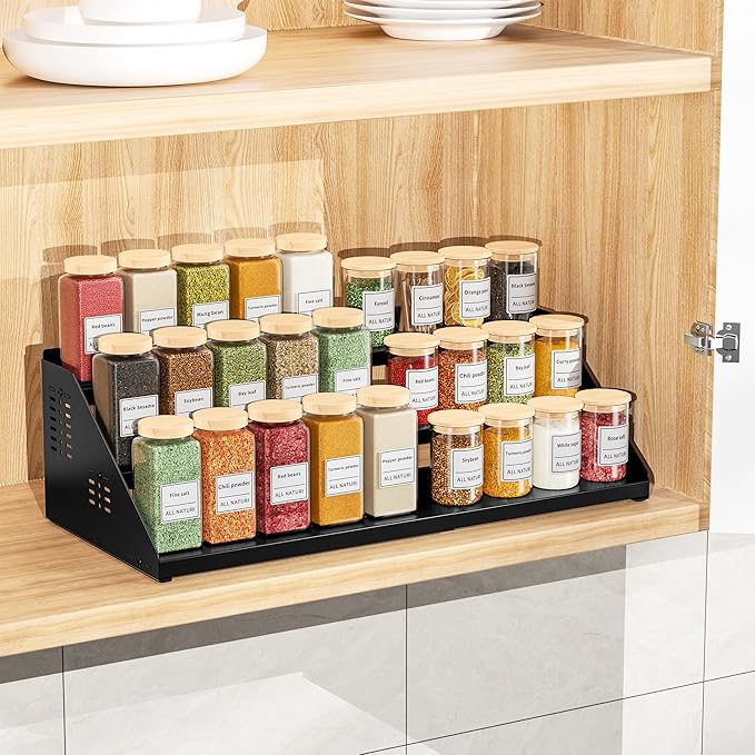 Spice Organizer, Spice Rack for Expandable 3-Tier, Spice Organization for Cabinet Expandable Width and Adjustable Height, Seasoning Organizer for Cabinet, Countertop, Pantry, Black