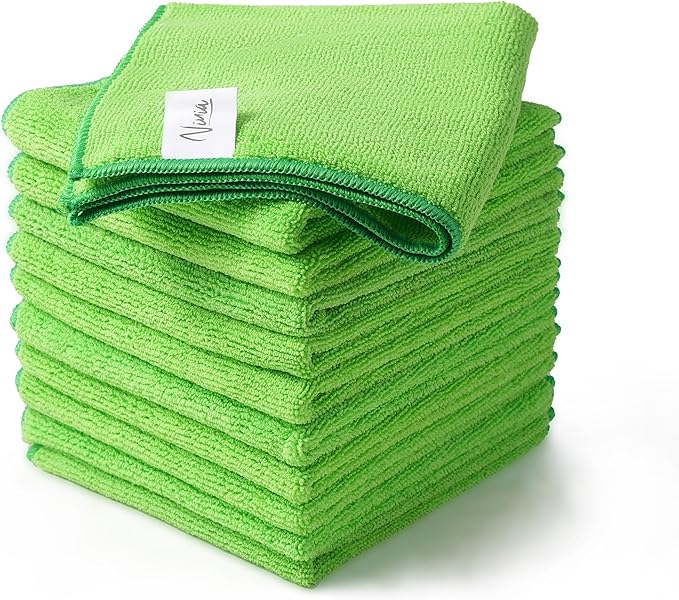 Ninia Microfiber Cleaning Cloths, 12 Pack Green 35x35cm, 350 GSM Thick & Absorbent, Lint-Free & Scratch-Safe Towels for Kitchen, House, Car, Glass & Electronics