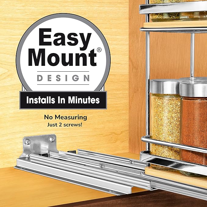 LYNK PROFESSIONAL® Élite™ Pull Out Spice Rack Organizer for Inside Kitchen Cabinets - 4-3/8 inch Wide - Slide Out Drawer – Wood/Chrome Sliding Spice Organization for cabinet - Spice Racks - 2 Tier