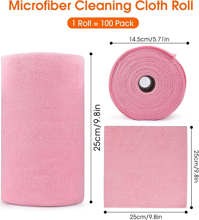 CHAUNCEY HOME Microfiber Cleaning Cloth Roll - 100 Pack Tear Away Microfiber Paper Towels, Reusable, Washable, Scratch-Free, Kitchen Towels for Car, Home, Kitchen, Glass, Dishes(Pink)