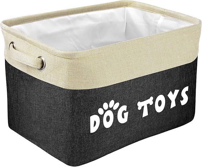 PET ARTIST Dog Toy Basket, Collapsible Dog Toy Bin Box with Comfortable Handles, Large Pet Toy Storage Organizer for Accessories, Toys, Coat & Clothing, Blanket & Leash, Black, 15"x11"x9"