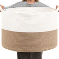 Foldable Laundry Hamper Basket with Collapsible Handle Cotton Rope Soft Woven Fabric Storage Organizer Clothes Toys Nursery Bedroom Dorm Space Saving Bin (White & Brown, 115L(23.6"D x 15.7"H))