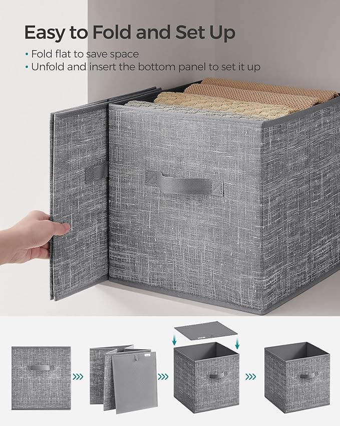 SONGMICS Storage Cubes, 11.8 x 11.8 x 11.8 Inches Non-Woven Fabric Bins with Double Handles, Set of 8, Closet Organizers for Shelves, Foldable, for Clothes, Cattail Gray UROB830G01