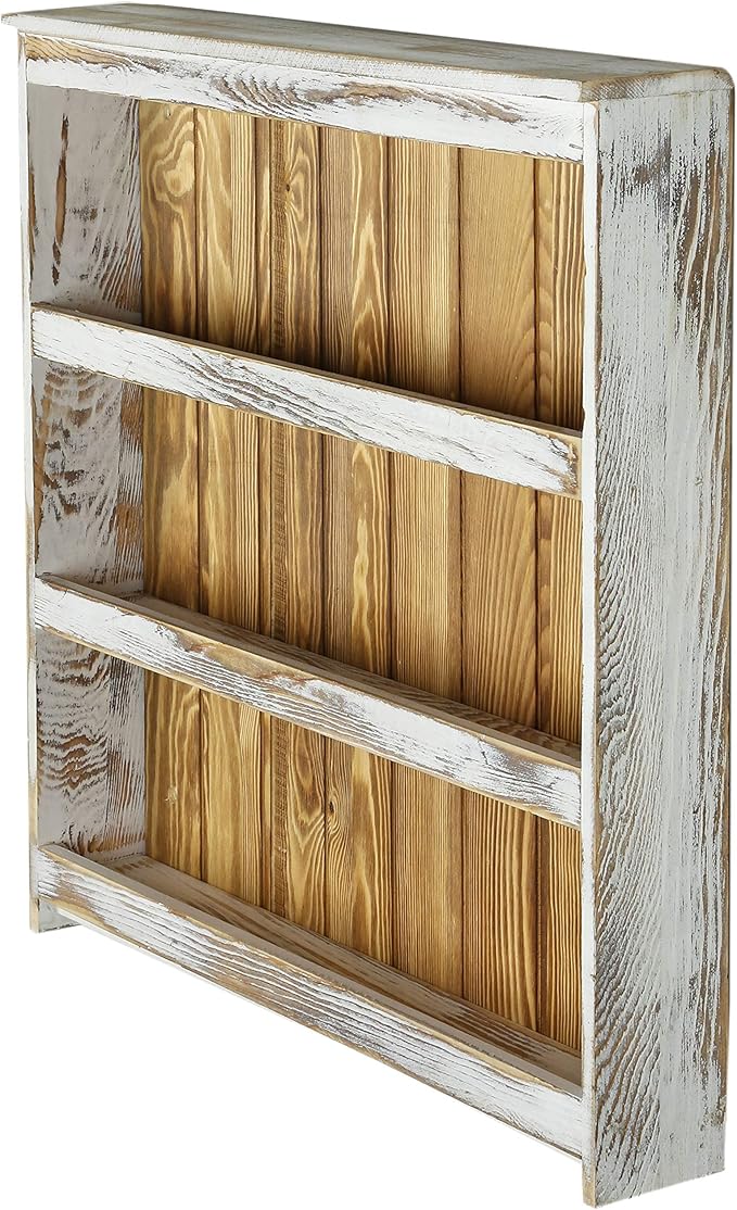 MyGift 3 Tier Spice Rack Wall Mount, Hanging Kitchen Pantry Storage Shelf for Seasoning Jars or Condiment Bottles, Shabby White Washed and Rustic Natural Burnt Solid Wood