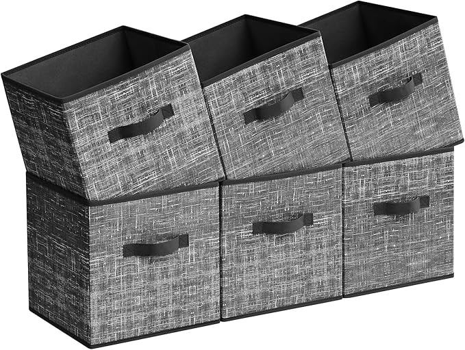 SONGMICS Storage Cubes, 11.8-Inch Non-Woven Fabric Bins with Double Handles, Set of 6, Closet Organizers for Shelves, Foldable, for Clothes, Classic Black UROB030B01