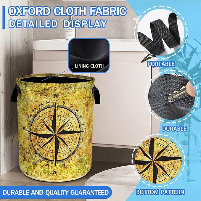 Compass Laundry Basket Oxford Cloth Funny Adventure Laundry Hamper With Handle Foldable Portable Clothes Storage Basket 18.9 X 16.5 In Storage Bag For Laundry Room/Bathroom/Bedroom/Dormitories