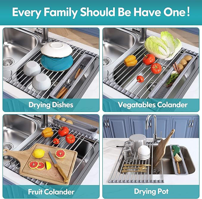 JASIWAY Roll Up Dish Drying Rack, Expandable (12.8"-23.8" D x 12.8" W) Stainless Steel Portable Drainer for Kitchen Sink Counter, Foldable Over The Sink Cover with Removable Utensil Holder