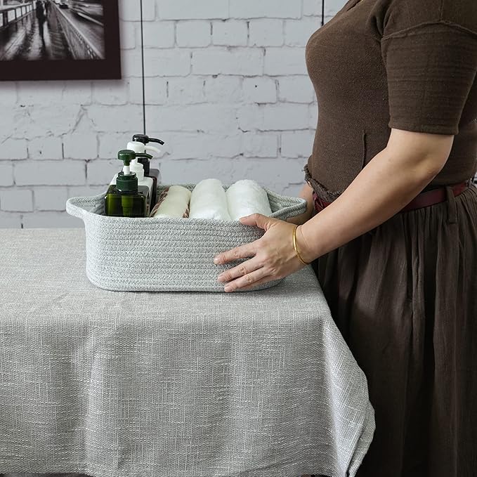 Woven Cotton Rope Storage Basket with Handles for Organizing Shelves Closet Small Cat Dog Pet Toy Baskets Box Bin Decorative Rectangle Baby Nursery basket Gift basket Empty(light grey)
