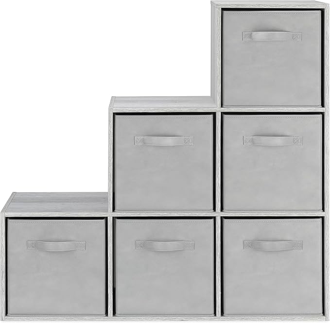 Whitmor 6 Cubes Bookshelf, Freestanding 6 Cube Stepped Etagere Bookcase, L Shaped Ladder Corner Open Bookshelf, Wood Storage Display Shelf for Living Room Home Office, 11.7"L x 35.6"W x 35.6"H, Gray