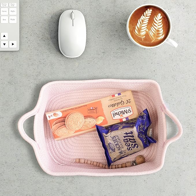 Woven Cotton Rope Storage Basket with Handles for Organizing Shelves Closet Small Cat Dog Pet Toy Baskets Box Bin Decorative Rectangle Baby Nursery basket Gift Basket Empty Light pink