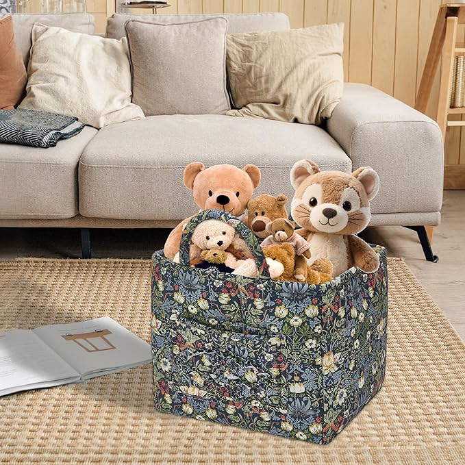 Quilted Fabric Storage Baskets with Handles, Boho Floral Gift Basket Foldable Organizer Bin for Home Decor, Picnic, Travel 12''x10''x10'' (Blue)