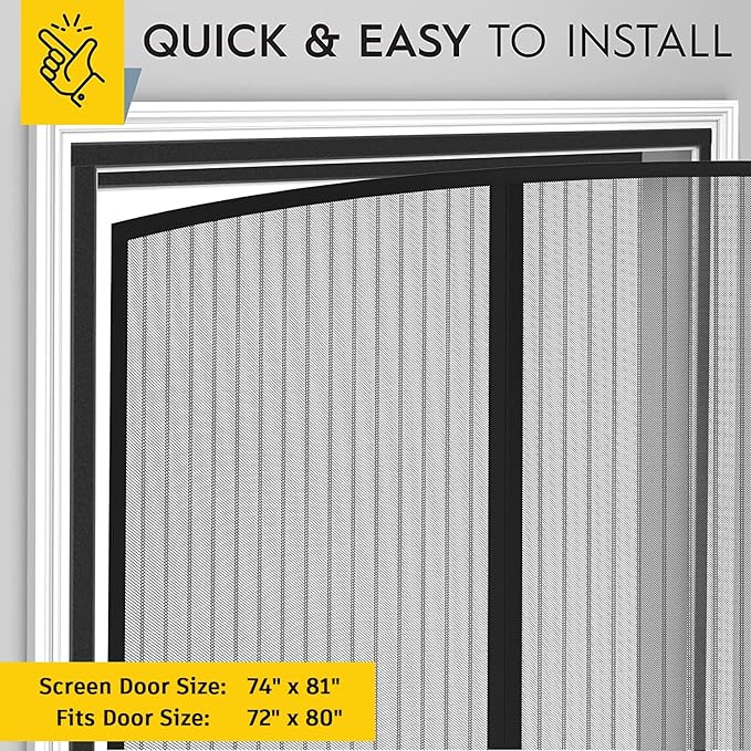 AUGO Magnetic Screen Door - Self Sealing, Heavy Duty, Hands Free Mesh Partition Keeps Bugs Out - Pet and Kid Friendly - Patent Pending Keep Open Feature - 74 Inch x 81 Inch