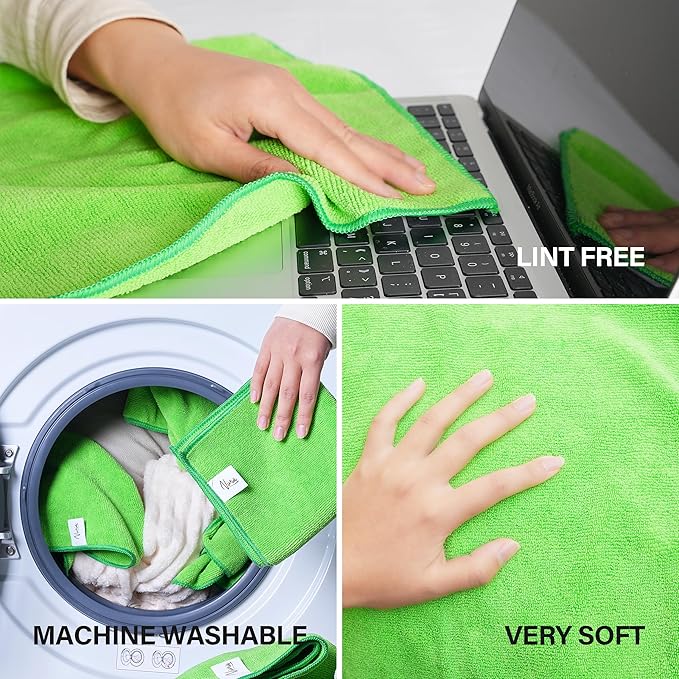 Ninia Microfiber Cleaning Cloths, 12 Pack Green 35x35cm, 350 GSM Thick & Absorbent, Lint-Free & Scratch-Safe Towels for Kitchen, House, Car, Glass & Electronics