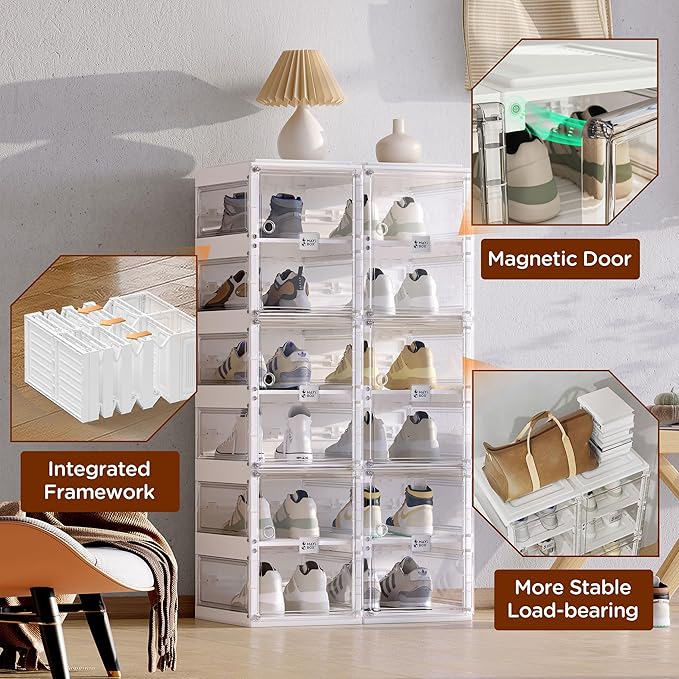 ANTBOX Foldable Shoe Rack,Shoe Organizers for Closet Plastic Shoe Storage Box Space Saving for Entryway, Large Sturdy Stackable Sneaker Cabinet Bins with Magnetic Clear Door 6 Tiers 12 Pairs
