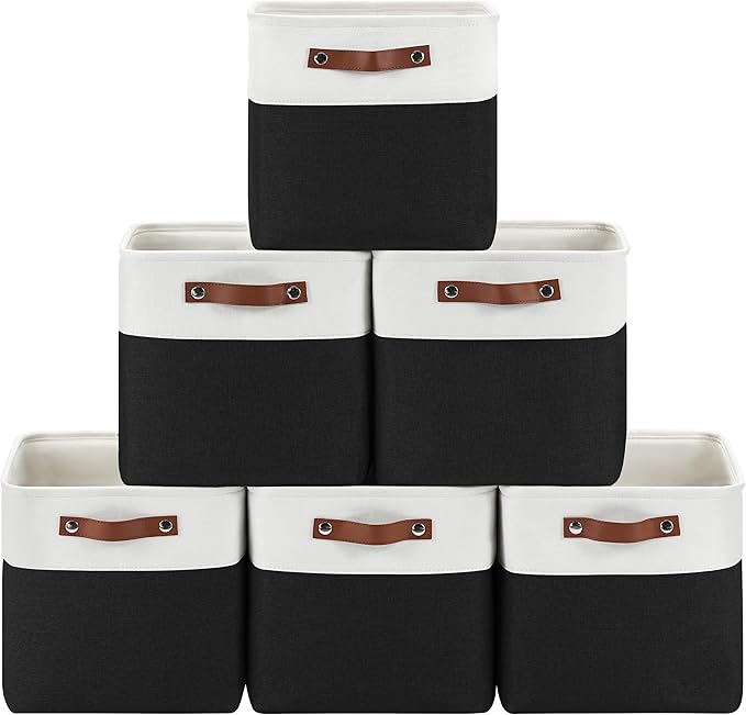6-Pack Foldable Fabric Storage Cubes 11x11 Inch, Sturdy Cube Organizer Bins with Leather Handles, Storage Baskets for Closet Shelves and Home Organization(White/Black)