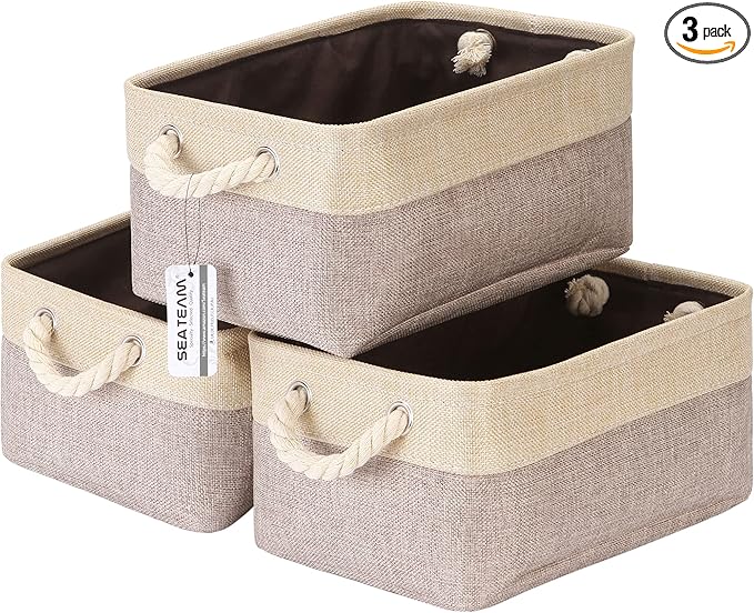 Sea Team 3-Pack Small Storage Basket Set, Storage Cube Organizer, Storage Bins, 12 x 8 x 5 Inches, Rectangle Canvas Fabric Collapsible Shelf Box with Handles for Kids Room (Tan/Beige)