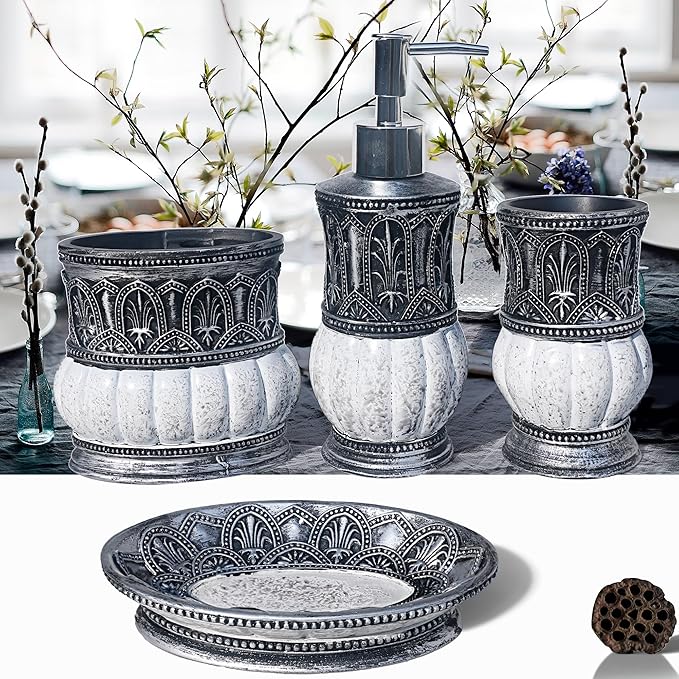 Pumkins Bathroom Accessories Set，Retro Style Including 1 Cups, 1 Toothbrush Holders, 1 Soap Dishes and 1 Soap Dispenser, Home and Countertop Decoration, Vanity Organize, New Home Gift, Grey