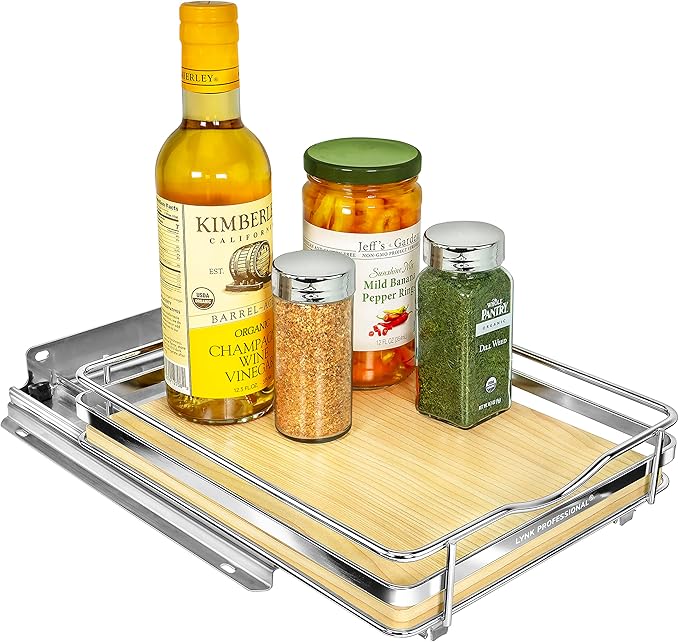 LYNK PROFESSIONAL® Élite™ Pull Out Spice Rack Organizer for Inside Kitchen Cabinets - 8-3/8 inch Wide - Slide Out Drawer – Wood/Chrome Sliding Spice Organization for cabinet - Spice Racks - 1 Tier