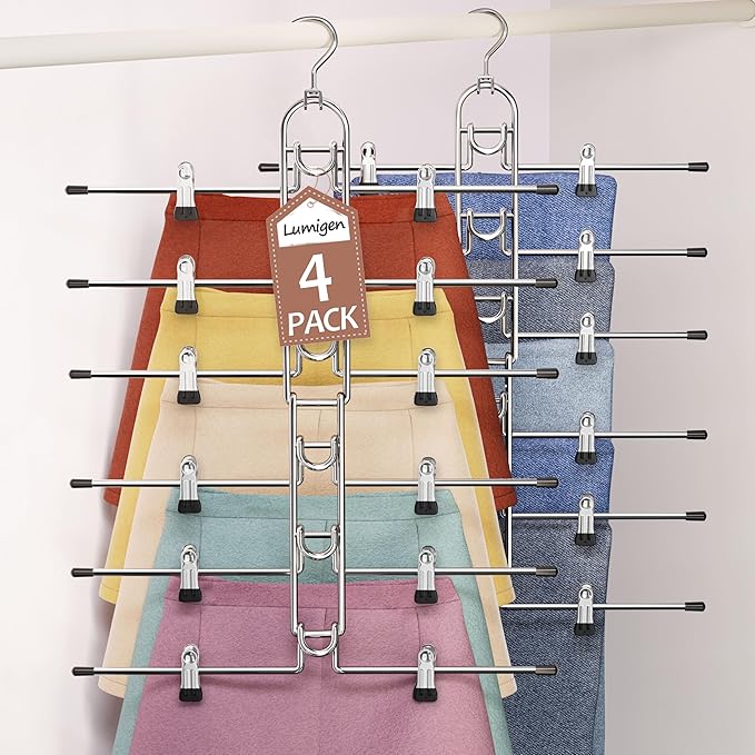 Pants & Skirt Hangers with Clips, Newly Upgraded Detachable - Space Saving Hangers, 6-Tiers Foldable Skirt Hangers for Women - Hanging Closet Organizer and Storage - 4 Pack, Patent Pending