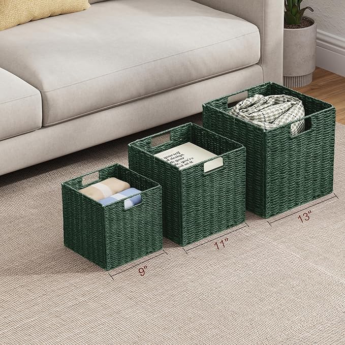 Vagusicc Wicker Storage Basket, Set of 2 Hand-Woven Paper Rope Wicker Baskets, Foldable Cube Storage Bins, Square Storage Baskets for Organizing Shelves & Decor, Green (11″×11″×11″)