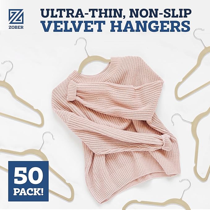 Zober Velvet Hangers 50 Pack - Ivory for Coats, Pants & Dress Clothes - Non Slip w/ 360 Degree Swivel, Holds up to 10 lbs - Strong Felt Hangers for Clothing
