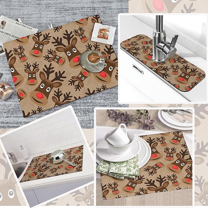 3Pcs Christmas Reindeer Dish Drying Mat & Kitchen Sink Splash Guard Faucet Mat For Kitchen Counter Absorbent Microfiber Dishes Pad Dish Drainer Rack Mats Fast Dry Kitchen Accessories