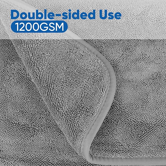 HOMEXCEL Professional Car Drying Towel (36"x 24") with Twisted-Loop Technology, 1200GSM for a Streak-Free Finish – Microfiber Towels for Cars, Trucks, SUVs, RVs and Motorcycles, Grey