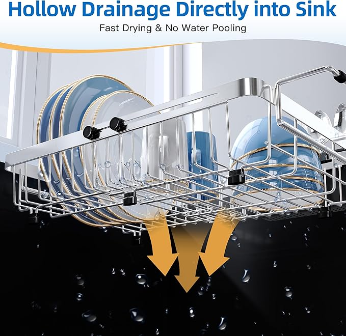 romision Expandable Dish Drying Rack Over The Sink Small Metal Stainless Steel Plate Holder for Compact Kitchen, Space Saving Modern Silver Hanging Drainer