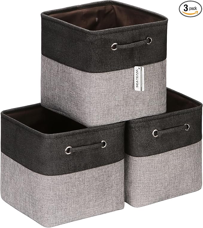 Sea Team 3-Pack Cubic Storage Basket Set, Storage Cube Organizer, Clothes Toys Bin, 11 x 11 x 11 Inches, Big Square Canvas Fabric Collapsible Shelf Box with Handles for Kids Room (Grey/Black)
