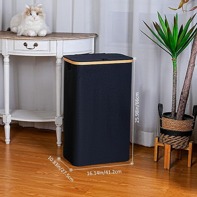 75L Slim Laundry Hamper, Narrow Laundry Basket with Lid,Foldable Clothes Hamper with Bamboo Handles,Hamper Basket with Removable Inner Bag for Laundry Room Bedroom College Dorm,19.8 Gals Black