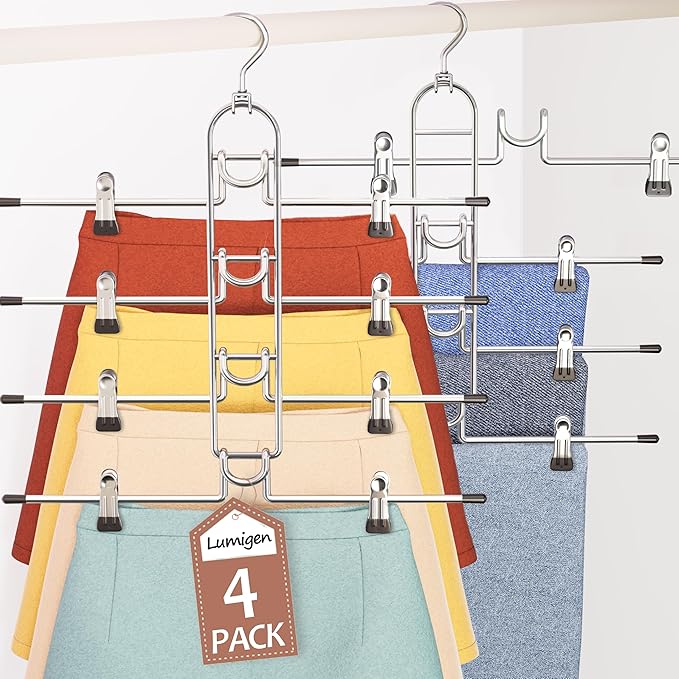 Pants & Skirt Hangers with Clips, Newly Upgraded Detachable - Space Saving Hangers, 4-Tiers Skirt Hangers for Women - Hanging Closet Organizer and Storage-4 Pack, Patent Pending