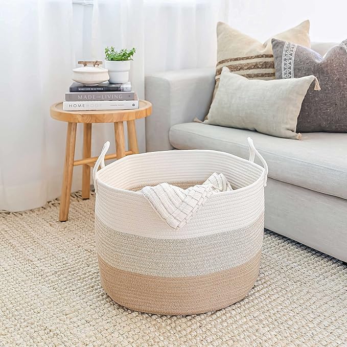 OrganiHaus Large Woven Storage Basket for Blankets and Toys 20" x 13" Inch, Rope Laundry Basket with Handles, Cushions & Pillows Storage Bin, Nursery Hamper, Soft Round Dog Toy Bin - Honey