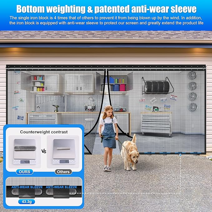 Sliding Garage Door Screen 16x8FT for 2 Car Garage Doors, Magnetic Garage Screen Door with Track Closure, Thicker 265g/㎡ Mesh, 16x8Ft Retractable Garage Door Screen(Patent has Been published)