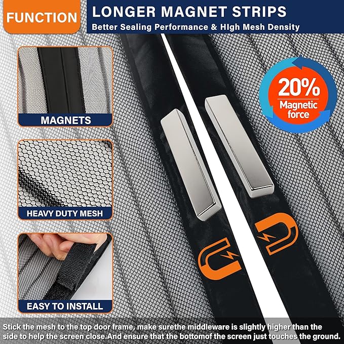 Magnetic Screen Door, Heavy Duty Door Screen Magnetic Closure Keep Bugs Out,Pet & Kid Friendly，Hands Free Door Screen Fit Door Size40 x 96 Inches ‎Black