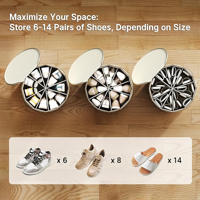 Vailando Shoe Organizer for Closet - Cylindrical Shoe Storage Organizer with Adjustable Dividers for Closet, Foldable Shoe Storage Box, Beige, 2-Pack, Large
