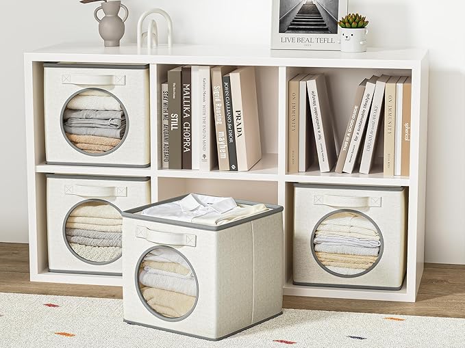 Vailando Foldable Fabric Storage Bins with Round Window - 4 Pack 11"x11"x11" Collapsible Cube Storage Organizer for Clothes, Shelves, Offices, Toys & Misc, White & Ivory