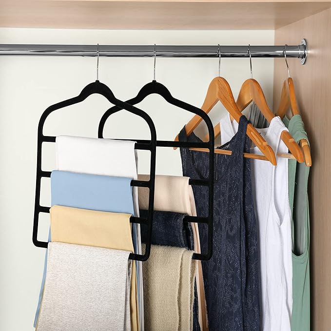 Velvet Pant Clothes Hanger Space Saving Non Slip Shorts Hanger, Myfolrena Jeans Slack Trousers Hangers Multiple Velvet Hanger Closet Organizer Storage and Organization for Jeans,Scarf,Tie(Black,3)